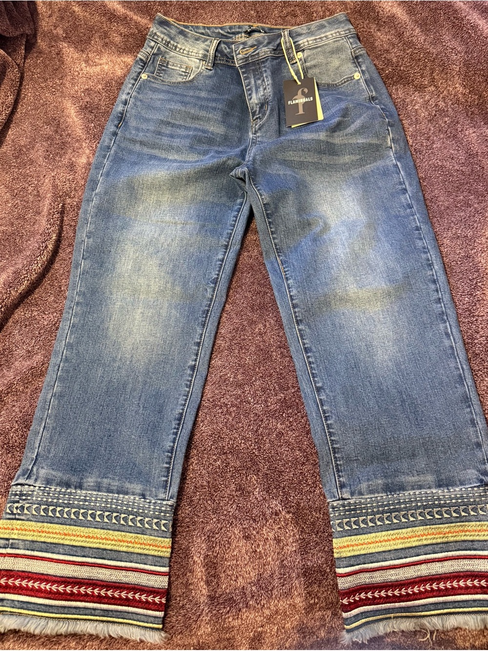 Blue Embroidered Hem Women’s Jeans Flamingals Size Medium brand new with tags